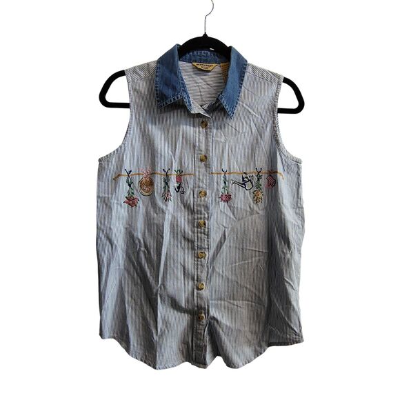 Northwest Blue Women's Medium Embroidered Blue Stripe Button Up Sleeveless Shirt - Picture 1 of 7